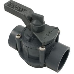 Gray plastic water valve with lever handle.