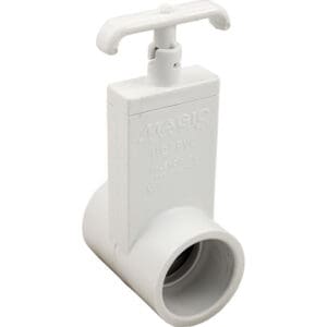 White PVC valve with a handle.
