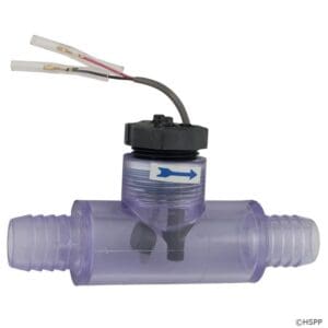 Purple flow switch with wiring connections.