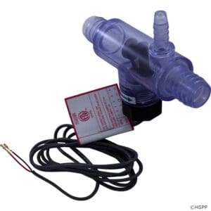 Transparent water flow sensor with attached wires.