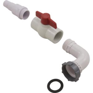 Plumbing components: valve, connectors, and gasket.