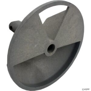 Gray metal industrial wheel with central hole.
