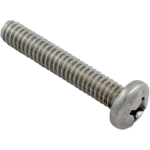 Metal screw with slotted head.