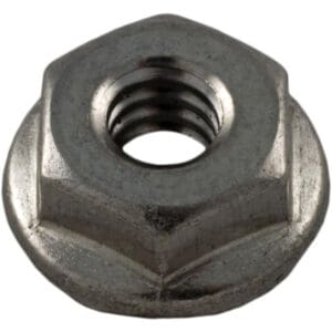 Metal hex nut with flange, close-up view.