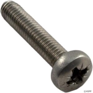 Phillips head metal screw on white background.