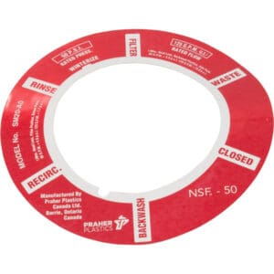 Red plastic pool valve label ring.