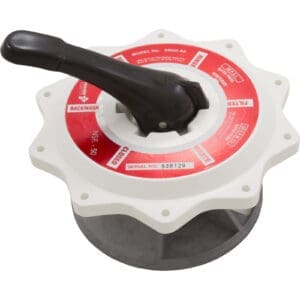 Pool filter valve with black handle.