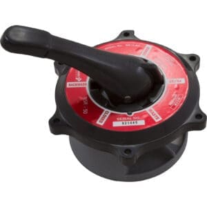 Filter valve with red label and handle.