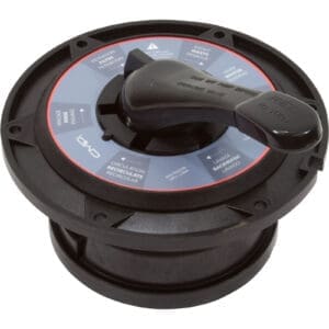 Pool filter valve with handle and labels.