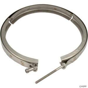 Metallic circular pipe clamp with screw.