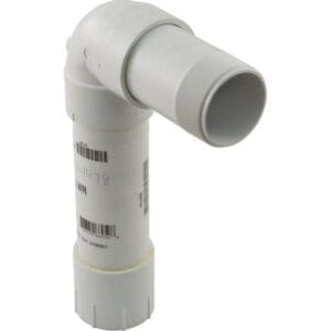 White PVC pipe elbow with threaded end.