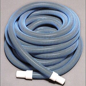 Coiled blue and white striped hose.