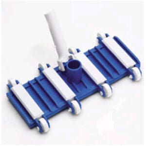 Blue and white pool vacuum head tool.
