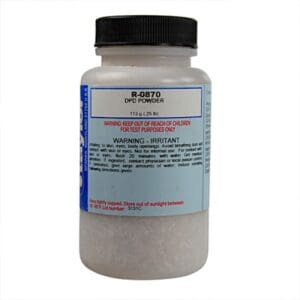 Container labeled DPD powder with warnings.