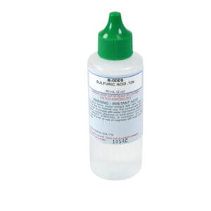 Bottle of sulfuric acid with green cap.
