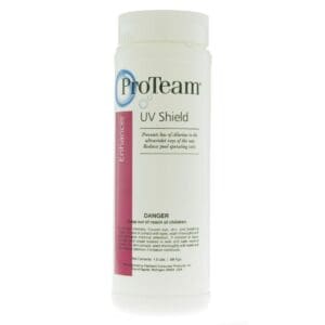 Pool chemical bottle labeled ProTeam UV Shield.