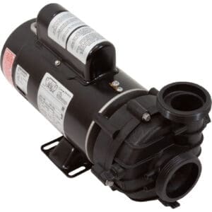 Black industrial water pump with labels.