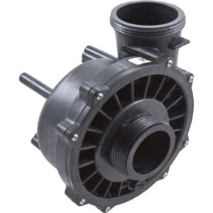 Black plastic centrifugal pump housing assembly.
