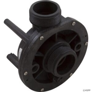 Black plastic pump housing with threaded connections.