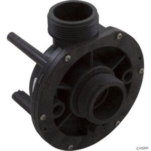 Black plastic pump housing with threaded connectors.