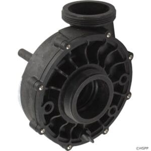 Black circular plastic pump housing with screws.