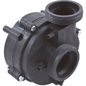 Black plastic centrifugal pump with connectors.