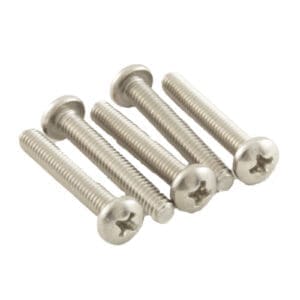 Five silver Phillips head screws on white.