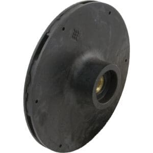 Black plastic industrial impeller with central hole.