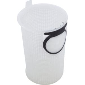 White mesh basket with black handle.
