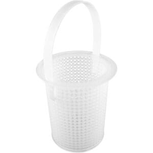 White plastic basket with handle.