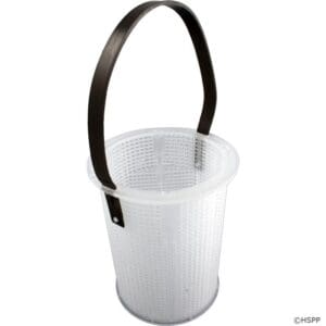 White plastic basket with black handle.