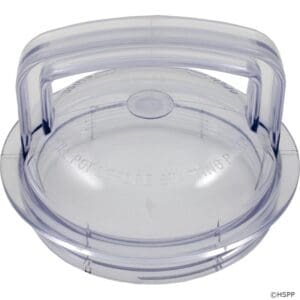 Clear plastic lid with handle, close-up.