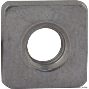 Square metal washer with central hole.