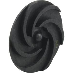 Black industrial pump impeller with curved blades.