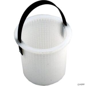 White plastic basket with black handle.