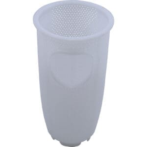 White perforated plastic pool filter basket.