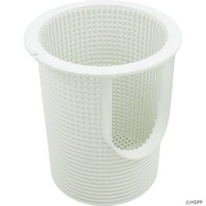 White perforated cylindrical plastic basket.