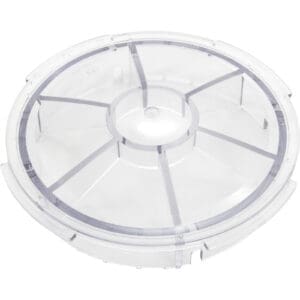 Clear round plastic container lid with grooves.