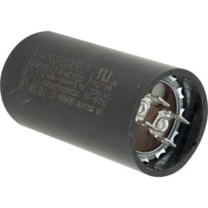 Black cylindrical electrical component with metal prongs.