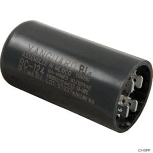 Black cylindrical electrical capacitor, metal terminals.