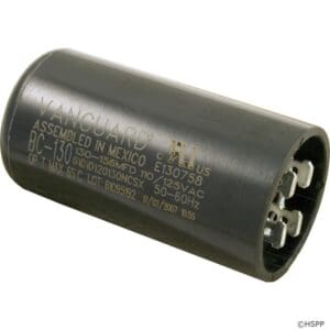 Black electrical capacitor with technical specifications.