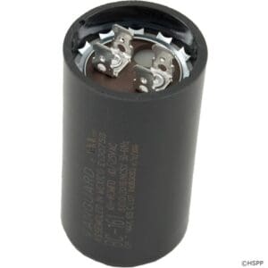 Black cylindrical electrical capacitor with metal terminals.
