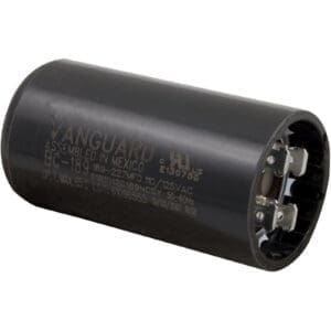 Black electrical capacitor with visible terminals.