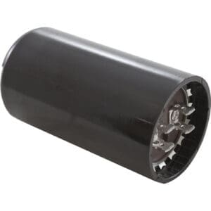 Black cylindrical electronic component, close-up view.