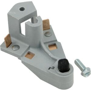 Gray plastic bracket with metal screw.