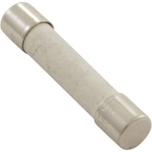 Ceramic cylindrical fuse with metal ends.