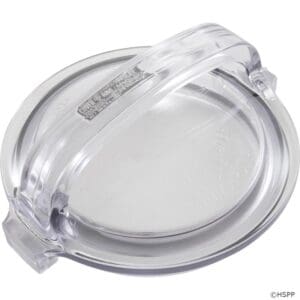 Transparent plastic lid with handle.