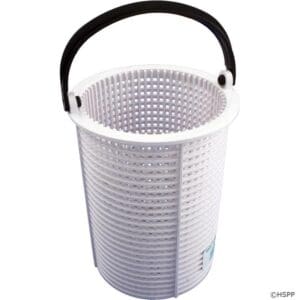 White plastic basket with black handle.