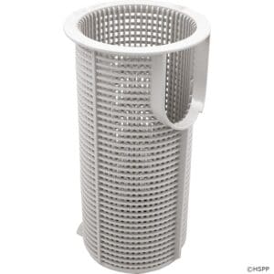 White cylindrical plastic pool skimmer basket.
