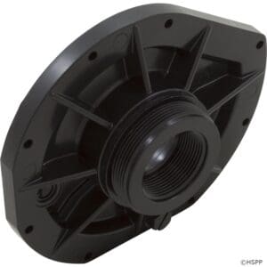 Black plastic mechanical component with threaded opening.